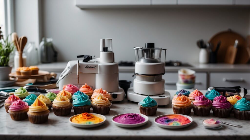 Cupcake decorating tools, including piping bags, nozzles, a turntable, fondant tools, and food coloring gels, set up for professional decoration.